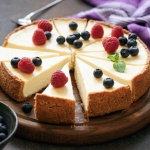 Vegan Sweetened Whipping Cream by Schlagfix served in a vegan cheesecake topped with raspberries and blueberries.