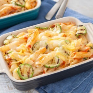 Vegan Grated Epic Mature Cheddar Cheese Alternative by Violife melted onto a pasta bake with grilled courgette.