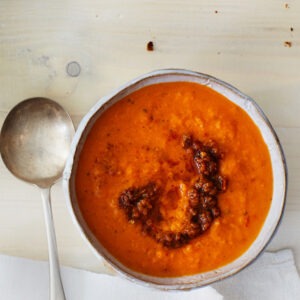 Vegan Chilli Paste Paté by Seggiano spooned onto the top of lentil soup.