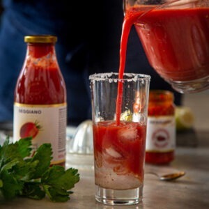 Premium Sicilian Tomato Passata by Seggiano served in a Bloody Mary cocktail with ice.