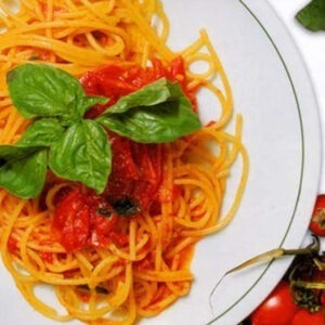 San Marzano DOP Premium Tomatoes by Strianese served as a sauce for spaghetti with fresh basil.