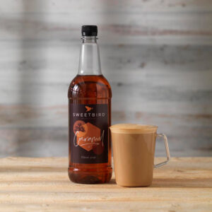 Vegan Caramel Classic Syrup by Sweetbird served in a vegan latte.