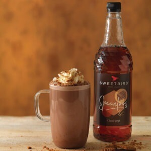 Vegan Speculoos Classic Syrup by Sweetbird served in a vegan hot chocolate with vegan whipped cream alternative.