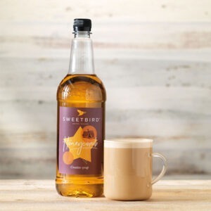 Vegan Honeycomb Creative Syrup by Sweetbird served in a vegan latte.