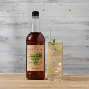 Vegan Cucumber & Mint Green Iced Tea Syrup by Sweetbird served in a cool iced tea drink with ice, cucumber and mint.