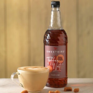 Vegan Toffee Nut Creative Syrup by Sweetbird served in a vegan cappuccino.