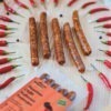 Vegan Chilli Kabanos Sausages by Plenty Reasons shown on a table surrounded by red chillies.