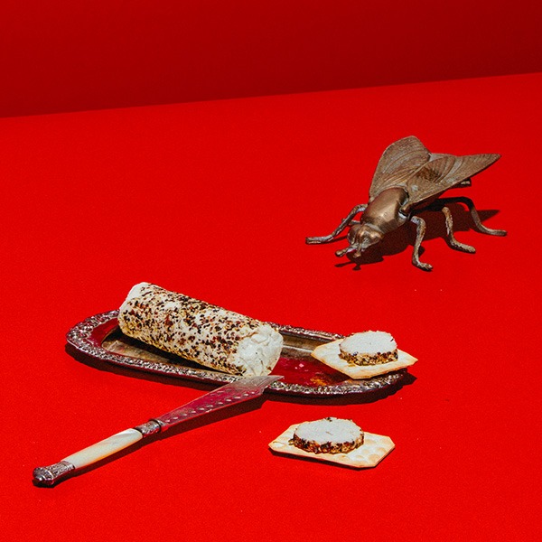 Vegan Black Pepper "Crack On" log by I Am Nut OK shown on a metal plate with a cheese knife with water biscuits and a decorative metal fly.