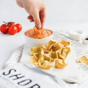 Vegan Seaweed Chips Sweet Sriracha by Shore served with spicy red pepper pesto dip