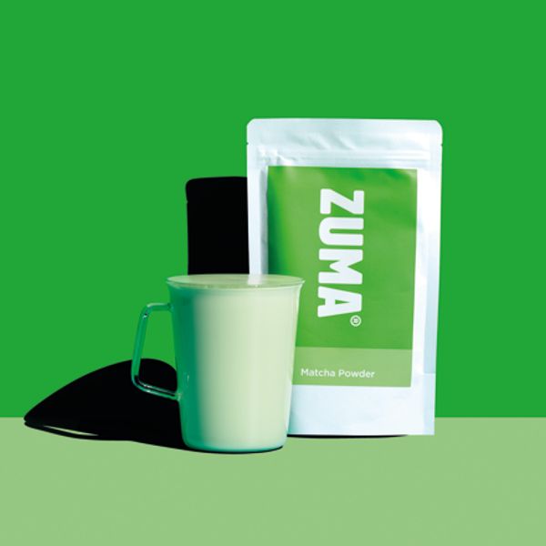Vegan Matcha Powder by ZUMA served in a vegan matcha latte.