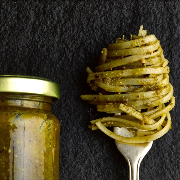 Vegan Black Kale Pesto by Seggiano served on linguine pasta.